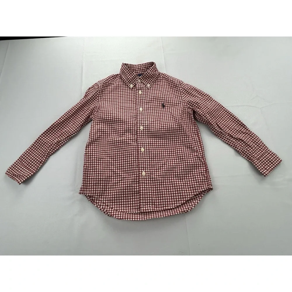 Ralph Lauren Boys Size 5 Red White Gingham Button Down Long Sleeve Cotton Shirt